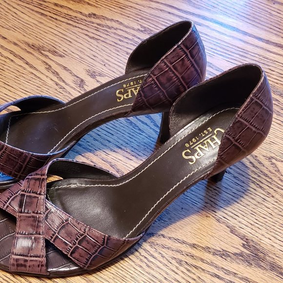 Ralph Lauren Chaps Women's 8.5 Brown Leather Pumps Croc Peep Toe Heels - Picture 8 of 8